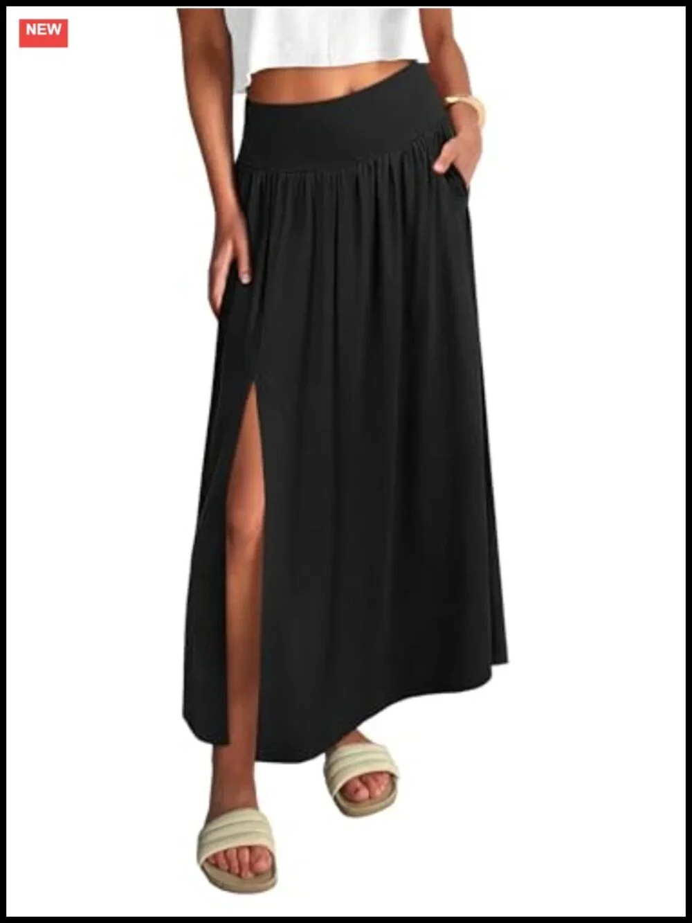 Boho Maxi Skirt Flowy Side Slit High Waist Pockets Lightweight Travel Beach